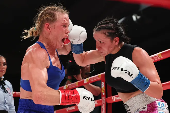 Stephanie Han throws a right hand at Holly Holm during their WBA lightweight championship bout at El Paso County Coliseum on May 30, 2026 in El Paso, Texas.