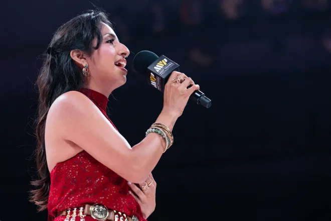 El Paso singer-songwriter Jordan Taylor sings the national anthem before the main card of the Stephanie Han vs. Holly Holm 2 event Saturday, May 30, 2026, at the El Paso County Coliseum in El Paso, Texas.