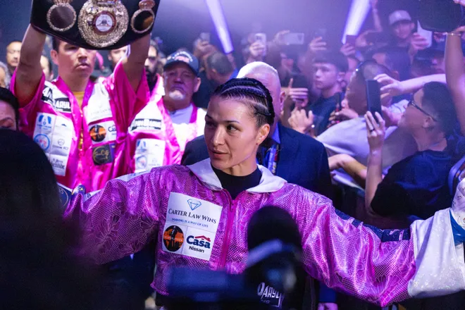 El Paso boxer Stephanie Han is introduced before defending her WBA lightweight world championship against Albuquerque boxer Holly Holm Saturday, May 30, 2026, at the El Paso County Coliseum in El Paso, Texas.