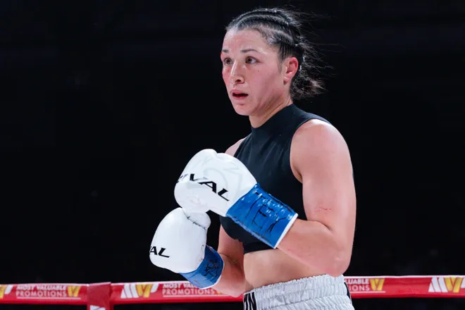 El Paso boxer Stephanie Han faces Albuquerque boxer Holly Holm during their WBA lightweight world championship rematch Saturday, May 30, 2026, at the El Paso County Coliseum in El Paso, Texas.