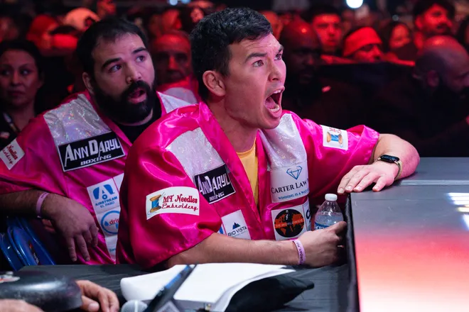 Stephanie Han's brothers, Abie Han and Izzy Han, react from ringside during Han's WBA lightweight world championship bout against Albuquerque boxer Holly Holm Saturday, May 30, 2026, at the El Paso County Coliseum in El Paso, Texas.