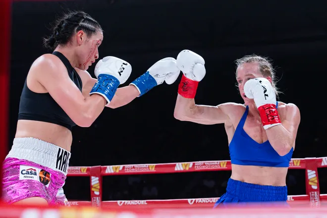 El Paso boxer Stephanie Han faces Albuquerque boxer Holly Holm during their WBA lightweight world championship rematch Saturday, May 30, 2026, at the El Paso County Coliseum in El Paso, Texas.