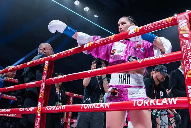 El Paso boxer Stephanie Han is introduced before defending her WBA lightweight world championship against Albuquerque boxer Holly Holm Saturday, May 30, 2026, at the El Paso County Coliseum in El Paso, Texas.