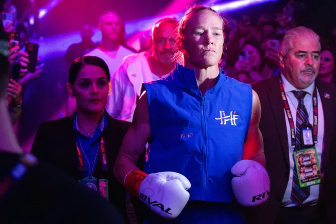 Albuquerque boxer Holly Holm is introduced before challenging El Paso boxer Stephanie Han for the WBA lightweight world championship Saturday, May 30, 2026, at the El Paso County Coliseum in El Paso, Texas.