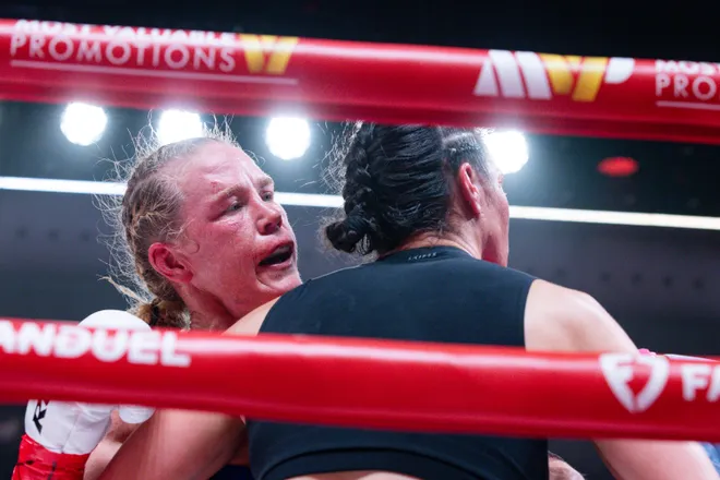 El Paso boxer Stephanie Han faces Albuquerque boxer Holly Holm during their WBA lightweight world championship rematch Saturday, May 30, 2026, at the El Paso County Coliseum in El Paso, Texas.