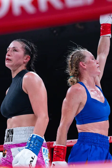 El Paso boxer Stephanie Han faces Albuquerque boxer Holly Holm during their WBA lightweight world championship rematch Saturday, May 30, 2026, at the El Paso County Coliseum in El Paso, Texas.