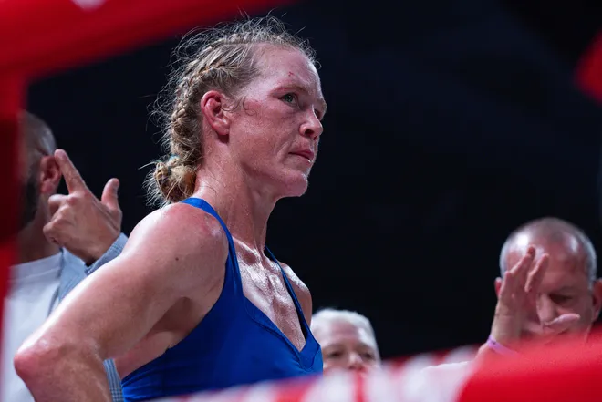 Albuquerque boxer Holly Holm reacts after losing to El Paso boxer Stephanie Han in their WBA lightweight world championship bout Saturday, May 30, 2026, at the El Paso County Coliseum in El Paso, Texas.