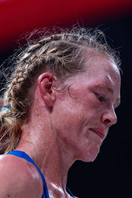 Albuquerque boxer Holly Holm reacts after losing to El Paso boxer Stephanie Han in their WBA lightweight world championship bout Saturday, May 30, 2026, at the El Paso County Coliseum in El Paso, Texas.
