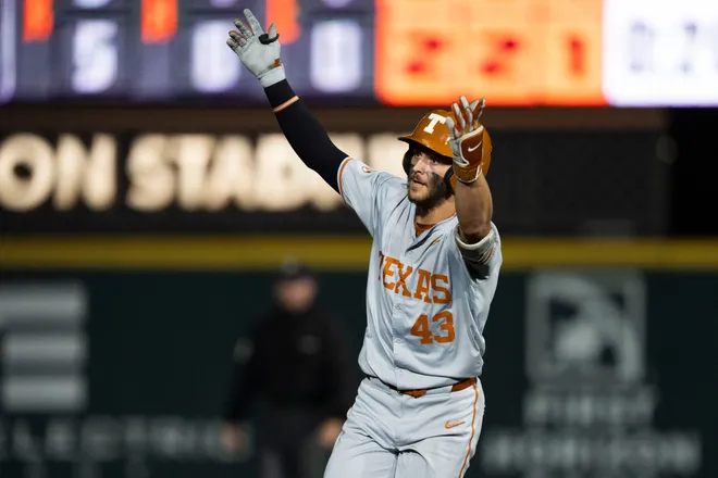 Texas' Aiden Robbins (43) celebrates after hitting a solo home run against Tennessee in an NCAA college baseball game in Knoxville, Tennessee on May 8, 2026.
