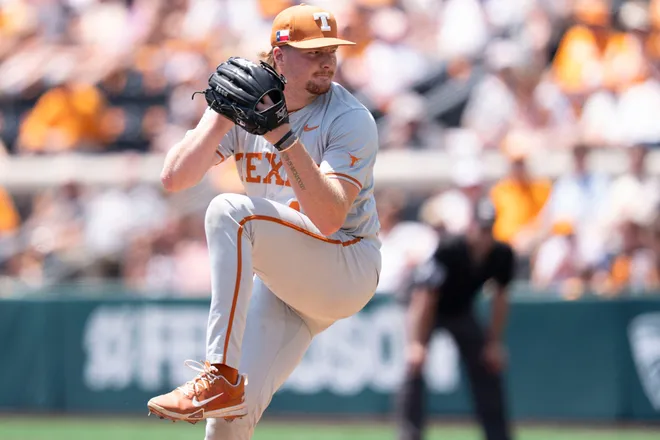 Texas' Thomas Burns (45) pitches against Tennessee in an NCAA college baseball game on May 10, 2026, in Knoxville, Tennessee.