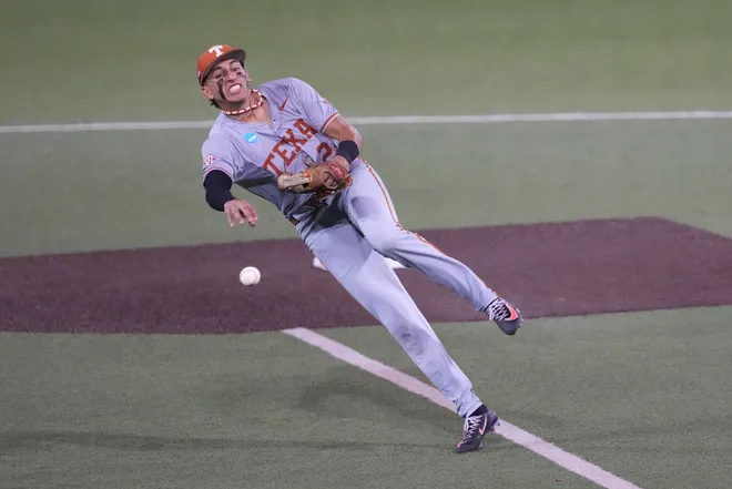 Jun 7, 2026; Austin, TX, USA; Texas Longhorns shortstop Adrian Rodriguez (24) throws to first during the fifth inning of a Super Regional game against the Oregon Ducks at UFCU Disch-Falk field in Austin, Texas. Mandatory Credit: Scott Wachter-Imagn Images