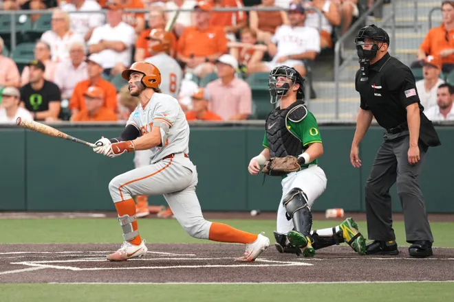 Jun 7, 2026; Austin, TX, USA; Texas Longhorns right fielder Aiden Robbins (43) hits a homerun during the first inning of a Super Regional game against the Oregon Ducks at UFCU Disch-Falk field in Austin, Texas. Mandatory Credit: Scott Wachter-Imagn Images
