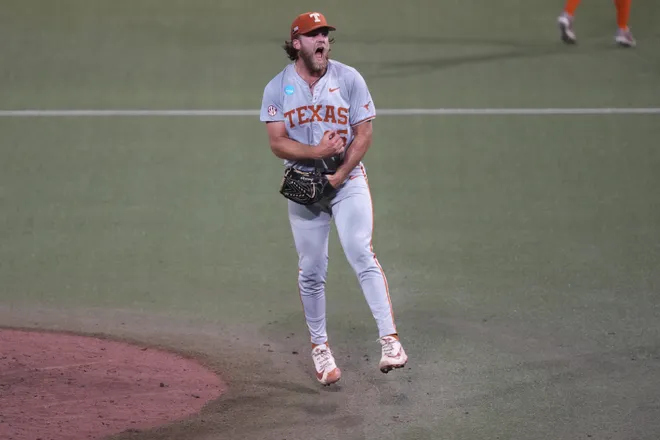 Jun 7, 2026; Austin, TX, USA; Texas Longhorns pitcher Sam Cozart (35) reacts after closing out a Super Regional game over the Oregon Ducks and securing a ticket to the College World Series at UFCU Disch-Falk field in Austin, Texas. Mandatory Credit: Scott Wachter-Imagn Images