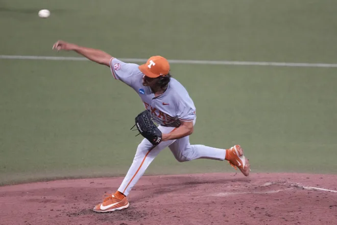 Jun 7, 2026; Austin, TX, USA; Texas Longhorns pitcher Ruger Riojas (13) pitches during the fifth inning of a Super Regional game against the Oregon Ducks at UFCU Disch-Falk field in Austin, Texas. Mandatory Credit: Scott Wachter-Imagn Images