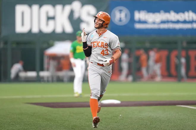 Jun 7, 2026; Austin, TX, USA; Texas Longhorns right fielder Aiden Robbins (43) reacts after hitting a homerun during the first inning of a Super Regional game against the Oregon Ducks at UFCU Disch-Falk field in Austin, Texas. Mandatory Credit: Scott Wachter-Imagn Images