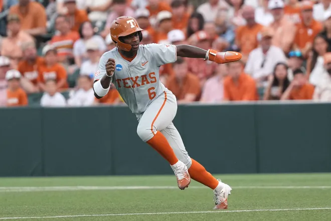 Jun 7, 2026; Austin, TX, USA; Texas Longhorns left fielder Anthony Pack Jr. (6) runs to second base during the first inning of a Super Regional game against the Oregon Ducks at UFCU Disch-Falk field in Austin, Texas. Mandatory Credit: Scott Wachter-Imagn Images
