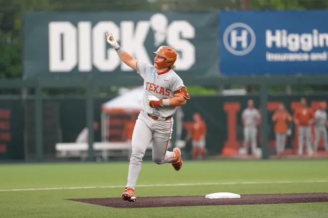 Jun 7, 2026; Austin, TX, USA; Texas Longhorns catcher Carson Tinney (8) reacts after hitting a homerun during the first inning of a Super Regional game against the Oregon Ducks at UFCU Disch-Falk field in Austin, Texas. Mandatory Credit: Scott Wachter-Imagn Images