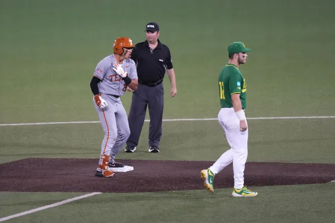 Jun 7, 2026; Austin, TX, USA; Texas Longhorns shortstop Adrian Rodriguez (24) reacts after hitting a go ahead two run double in the eighth inning of a Super Regional game against the Oregon Ducks at UFCU Disch-Falk field in Austin, Texas. Mandatory Credit: Scott Wachter-Imagn Images