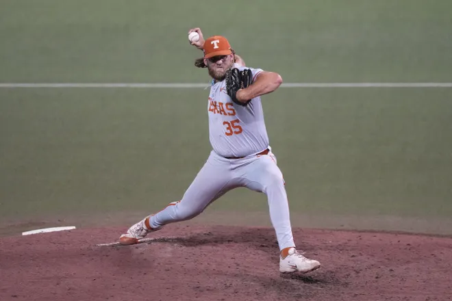 Jun 7, 2026; Austin, TX, USA; Texas Longhorns pitcher Sam Cozart (35) pitches during the eighth inning of a Super Regional game against the Oregon Ducks at UFCU Disch-Falk field in Austin, Texas. Mandatory Credit: Scott Wachter-Imagn Images