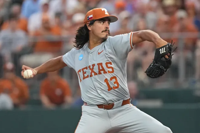 Jun 7, 2026; Austin, TX, USA; Texas Longhorns pitcher Ruger Riojas (13) pitches during the first inning of a Super Regional game against the Oregon Ducks at UFCU Disch-Falk field in Austin, Texas. Mandatory Credit: Scott Wachter-Imagn Images