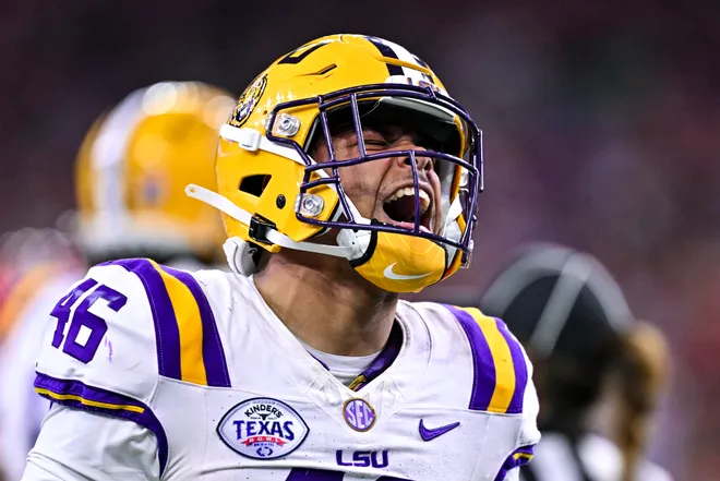 Dec 27, 2025; Houston, TX, USA; Louisiana State Tigers linebacker Tylen Singleton (46) reacts during the second half against the Houston Cougars at NRG Stadium. Mandatory Credit: Maria Lysaker-Imagn Images