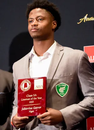 Vigor’s Jabarrius Garror is named the Class 5A Lineman of the Year during the ASWA Mr. Football Banquet in Montgomery, Ala., on Tuesday January 21, 2026.