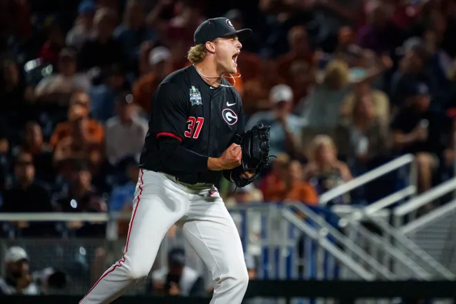 Georgia Bulldogs starting pitcher Joey Volchko (37) celebrates after defeating the Texas Longhorns