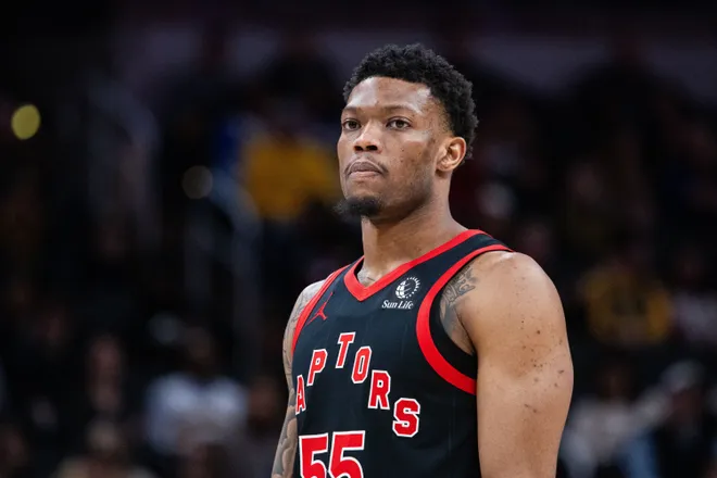 Jan 14, 2026; Indianapolis, Indiana, USA; Toronto Raptors guard Alijah Martin (55) in the second half against the Indiana Pacers at Gainbridge Fieldhouse. Mandatory Credit: Trevor Ruszkowski-Imagn Images