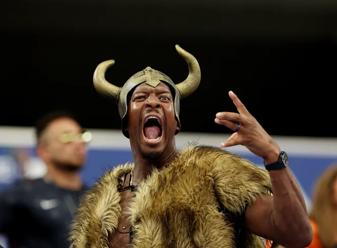 June 30, 2026; Arlington, Texas, U.S.; New York Giants' Jameis Winston wears a Viking themed costume inside the stadium before the match.