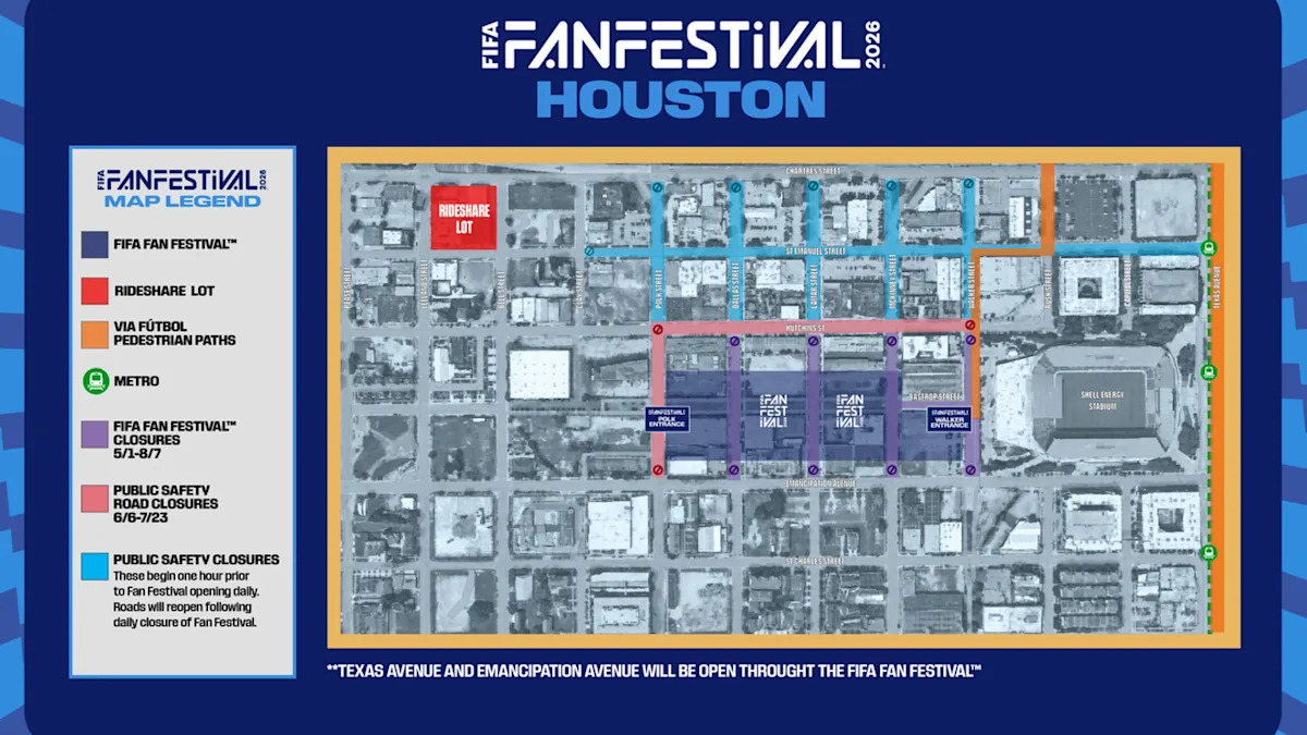 FIFA Fan Festival Houston: Road closures in East Downtown, map