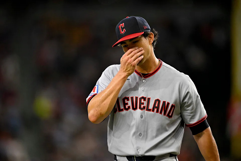 Jun 7, 2026; Arlington, Texas, USA; Cleveland Guardians starting pitcher Joey Cantillo (54) comes off the field after pitching against the Texas Rangers during the fourth inning at Globe Life Field. Mandatory Credit: Jerome Miron-Imagn Images
