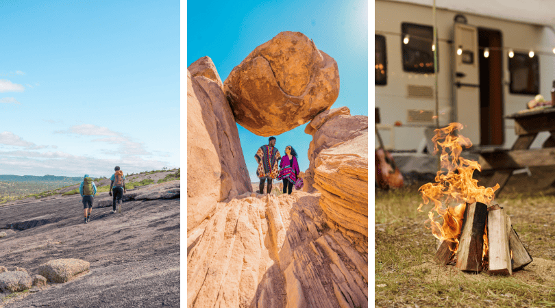Triptych of outdoor scenes: hiking, balancing rock formation, and a campfire.