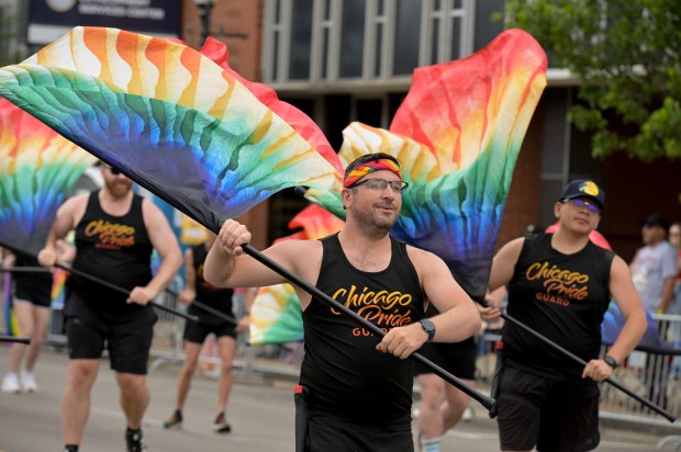 The Chicago Pride Guard performs during the annual Pride Parade in downtown Aurora on Sunday, June 14, 2026. (Mark Black / for the Beacon-News)