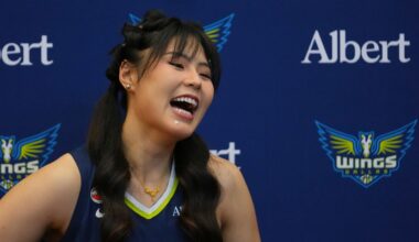 Dallas Wings' center Li Yueru participates in the team's WNBA basketball media day, Monday, April 27, 2026, in Arlington, Texas. (AP Photo/Julio Cortez)