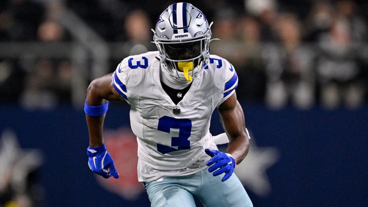 Dallas Cowboys wide receiver George Pickens (3) runs a route during an NFL football game between the Dallas Cowboys and the Minnesota Vikings, Dec. 14, 2025, in Arlington, Texas. (AP Photo/Jerome Miron)