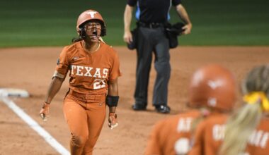 Texas' Kayden Henry celebrates after hitting a home run during the second game of the NCAA Women's College World Series softball finals against Texas Tech in Oklahoma City, Thursday, June 4, 2026. (AP Photo/Kyle Phillips)
