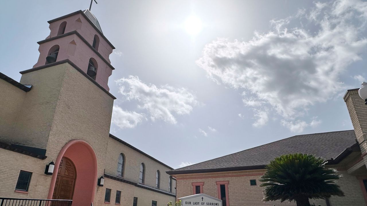The sun beams over the Our Lady of Sorrows Church in McAllen, Texas, Monday, June 29, 2026. (AP Photo/Valerie Gonzalez)