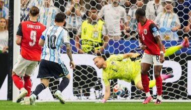 Argentina's Lionel Messi, center, scores the opening goal during the World Cup Group J soccer match between Argentina and Austria in Arlington, Texas, near Dallas, Monday, June 22, 2026. (AP Photo/Julio Cortez)