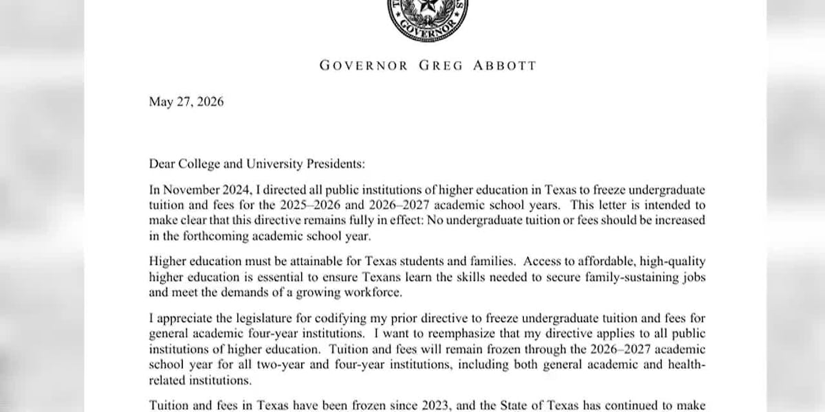 Gov. Abbott freezes tuition at Texas public universities for fourth year