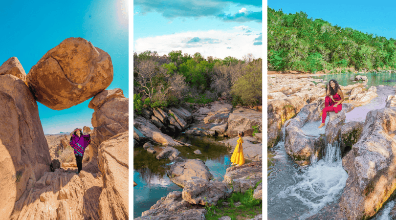 Triptych of nature scenes with people: rock formation, serene river, woman on waterfall ledge.
