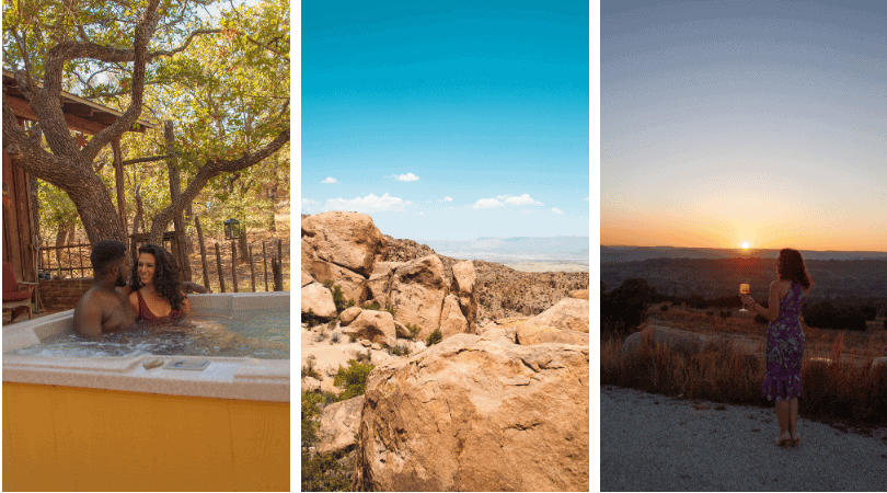 Triptych of outdoor scenes: a hot tub on a deck, rocky desert, person