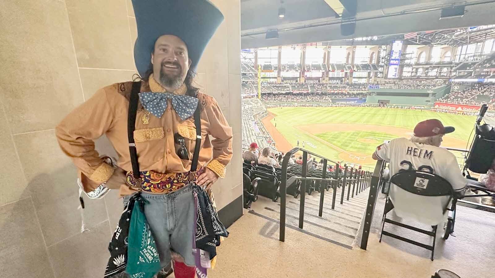 The Texas Rangers had a rodeo clown named Alex roaming the Dallas field in celebration of Brandon Nimmo’s rodeo connections in his home town of Cheyenne.
