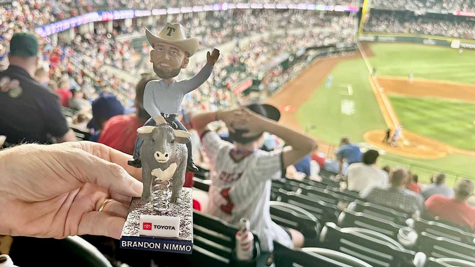 Here is one of the 10,000 bobble head dolls distributed at the game honoring Cheyenne’s Brandon Nimmo for his rodeo heritage.