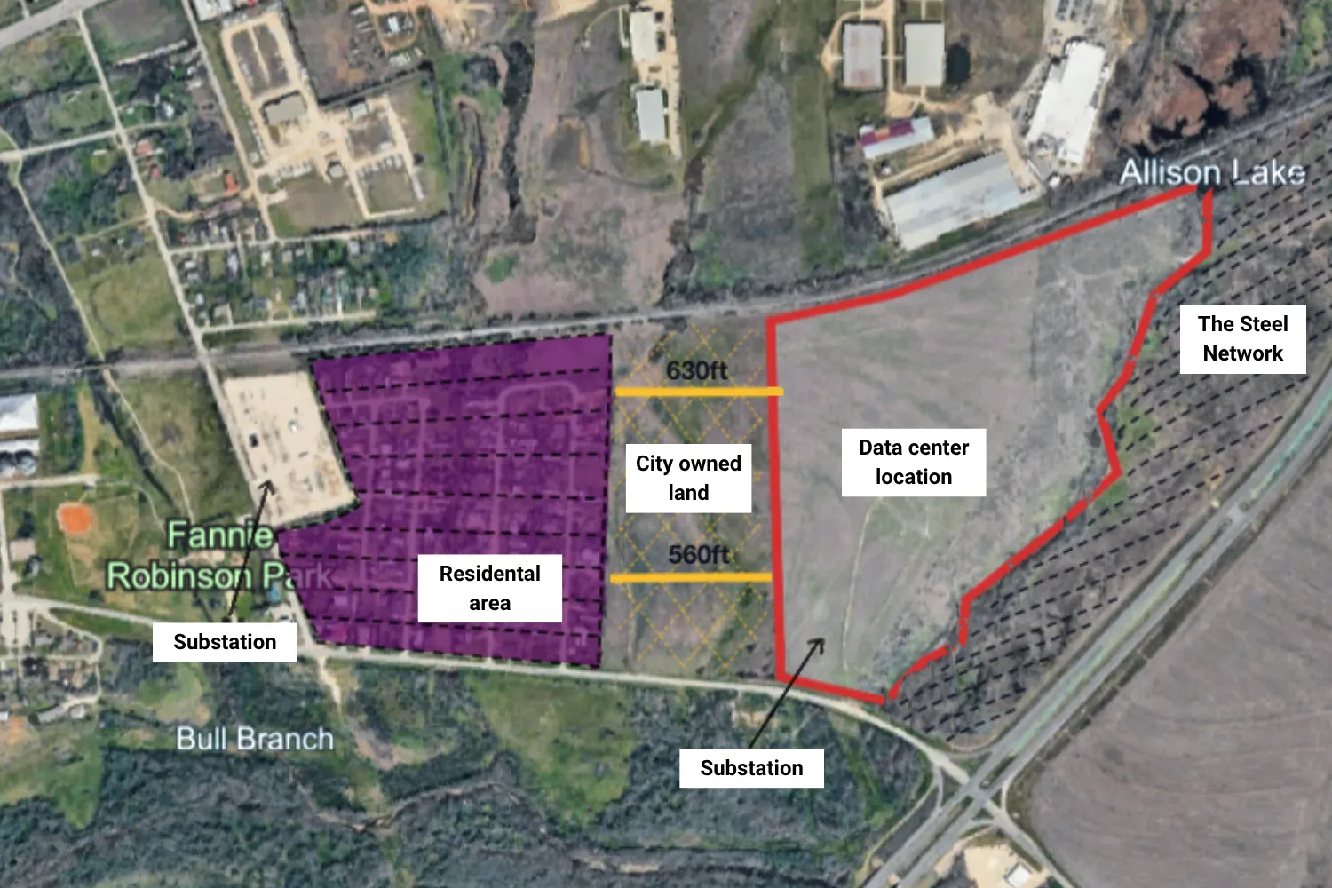 A map of the location where a data center is set to be built in Taylor, Texas.