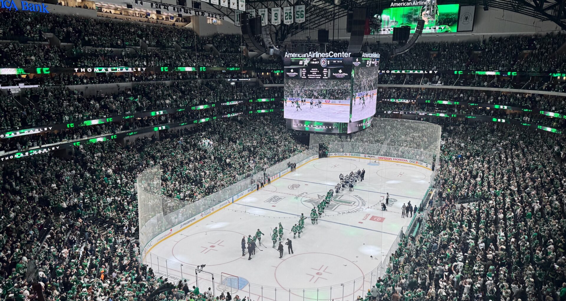 The Dallas Stars shaking hands at center ice
