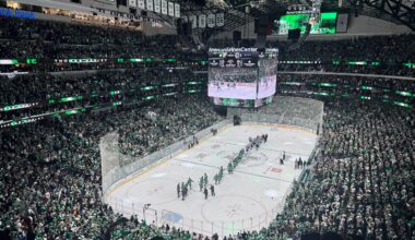 The Dallas Stars shaking hands at center ice