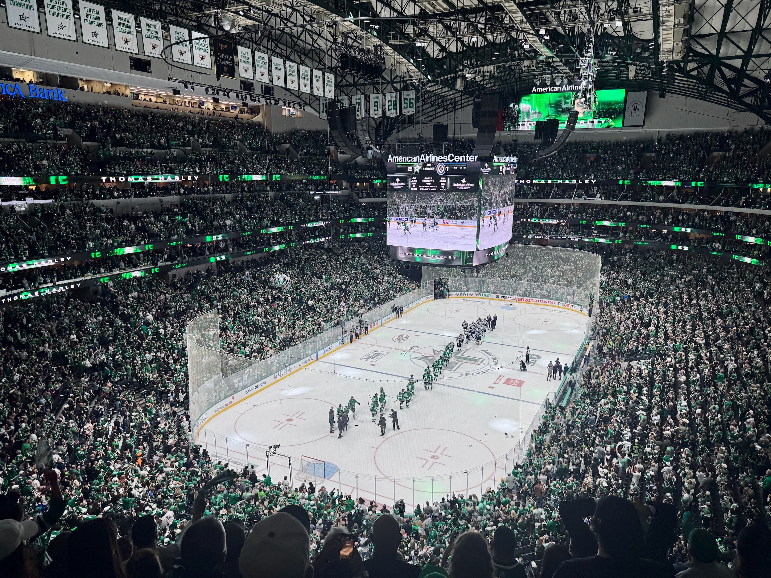 The Dallas Stars shaking hands at center ice