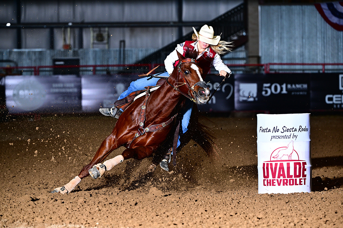 a woman riding a horse goes around a barrell