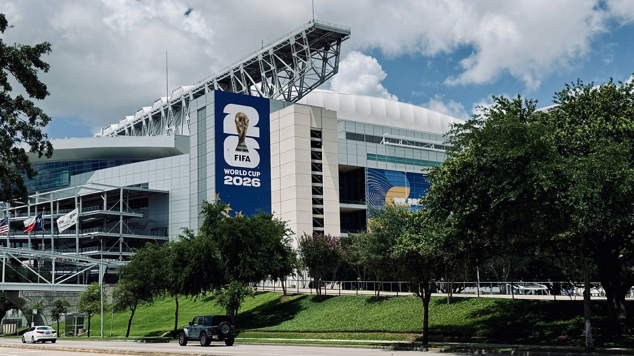 A FIFA World Cup 2026 banner outside of NRG Stadium, renamed Houston Stadium for the tournament. (Spectrum News 1/Lakisha Lemons)