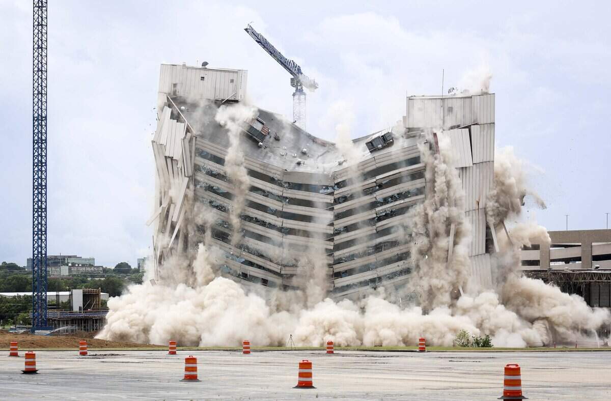 The old Sheraton Hotel is imploded to make way for the new Americana by Loews Hotel on Saturday, June 6, 2026 in Arlington, Texas. The implosion marks the beginning of construction on the 507-room Americana by Loews Hotel north of Choctaw Stadium at 1500 Convention Center Drive.